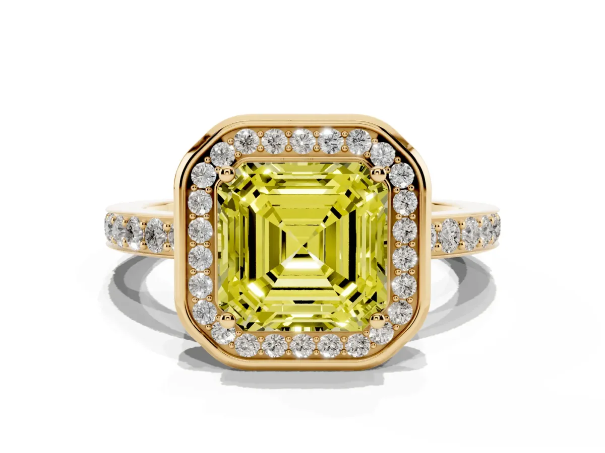 Fancy Yellow Asscher Cut Diamond Halo Ring with Bezel Frame and Pavé Band Yellow gold