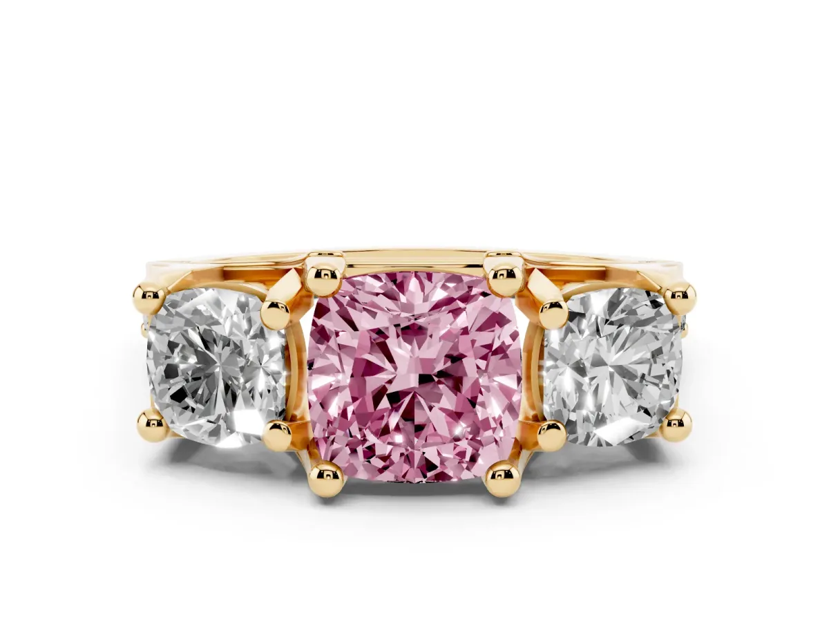 Fancy Pink Cushion Cut Diamond Three-Stone Ring with Channel Set Band and Four-Prong Setting Yellow gold