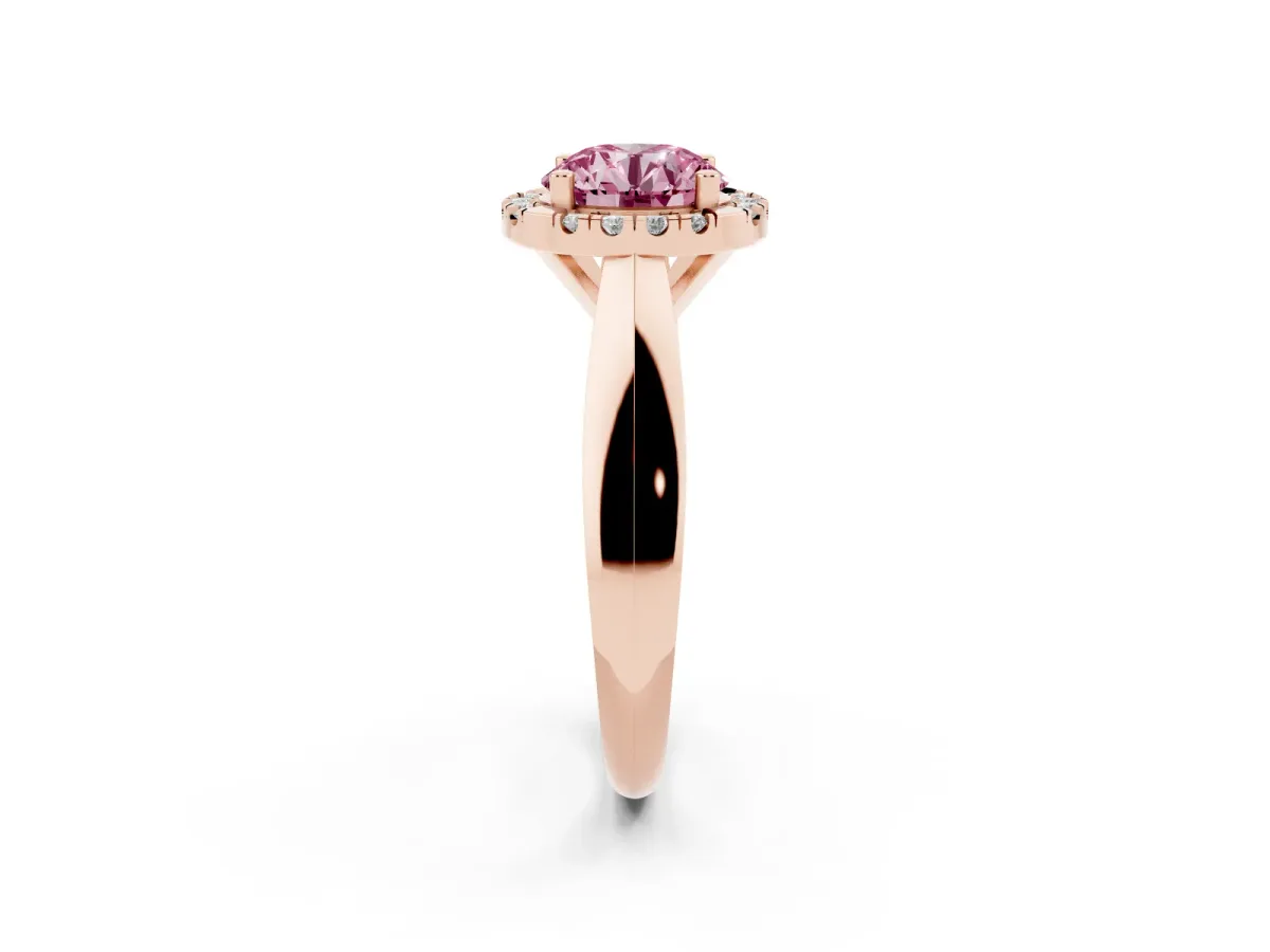 Fancy Pink Round Cut Cut Halo Solitaire Engagement Ring with Square Band and Four-Prong Setting Rose gold