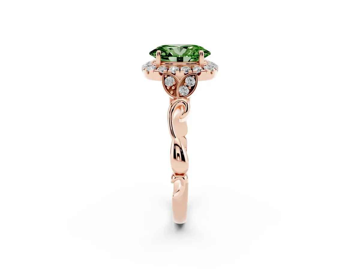 Fancy Green Oval Cut Halo Diamond Engagement Ring with Vintage-Inspired Band and Four-Prong Setting Rose gold