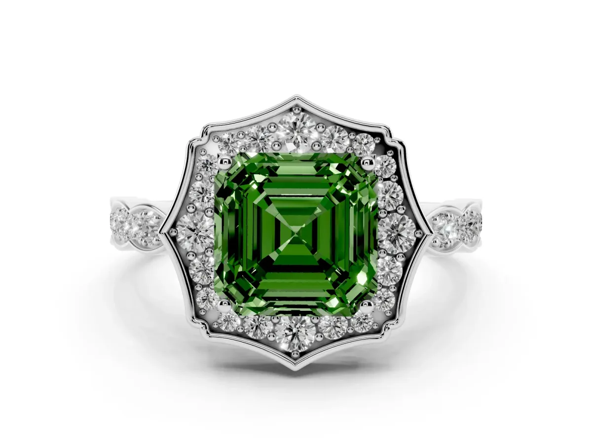 Fancy Green Asscher Cut Halo Diamond Engagement Ring with Milgrain Band and Four-Prong Setting Platinum