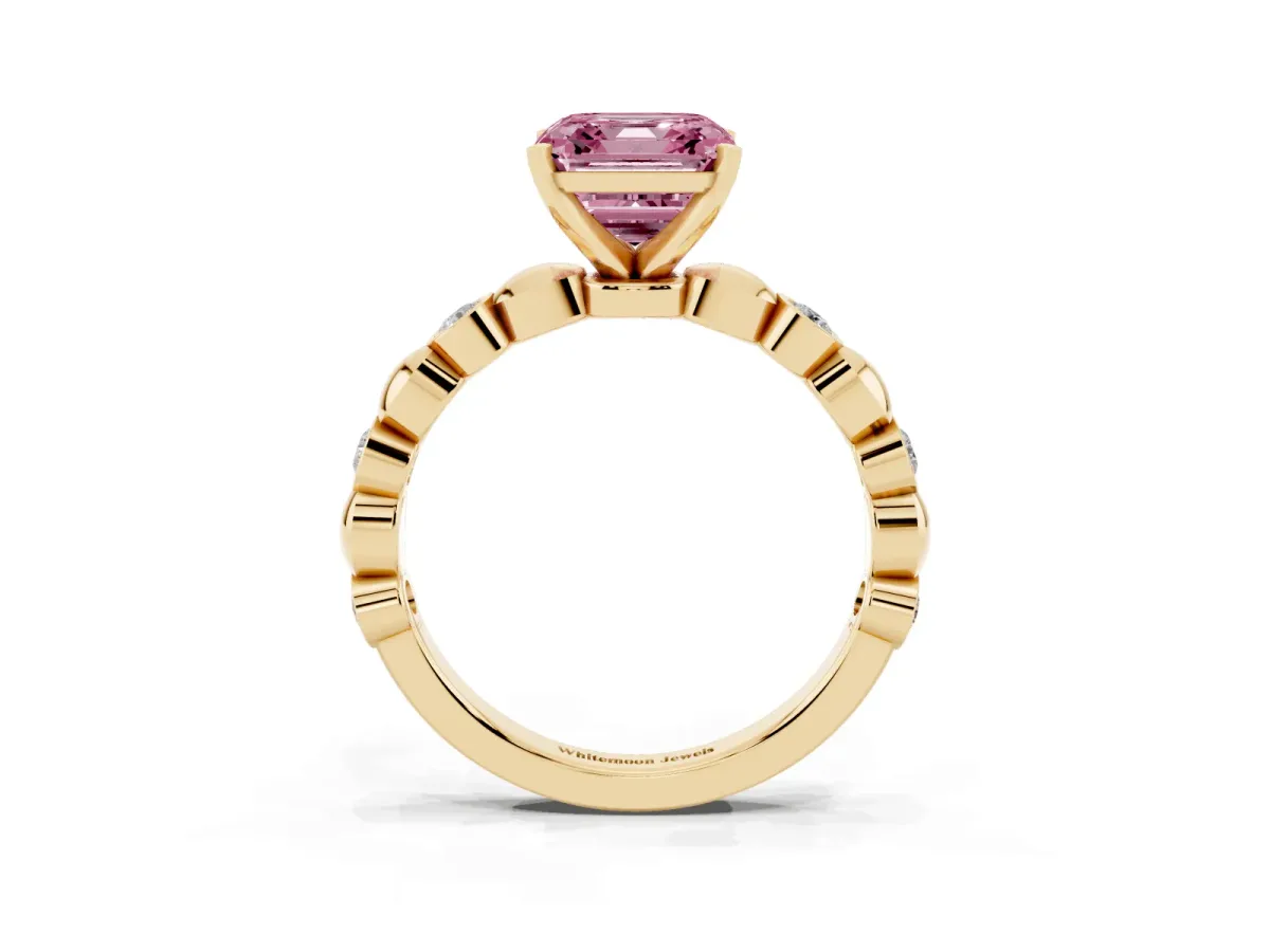 Fancy Pink Asscher Cut Solitaire Bezel-Set Diamond Ring with Beaded Band and Four-Prong Setting Yellow gold