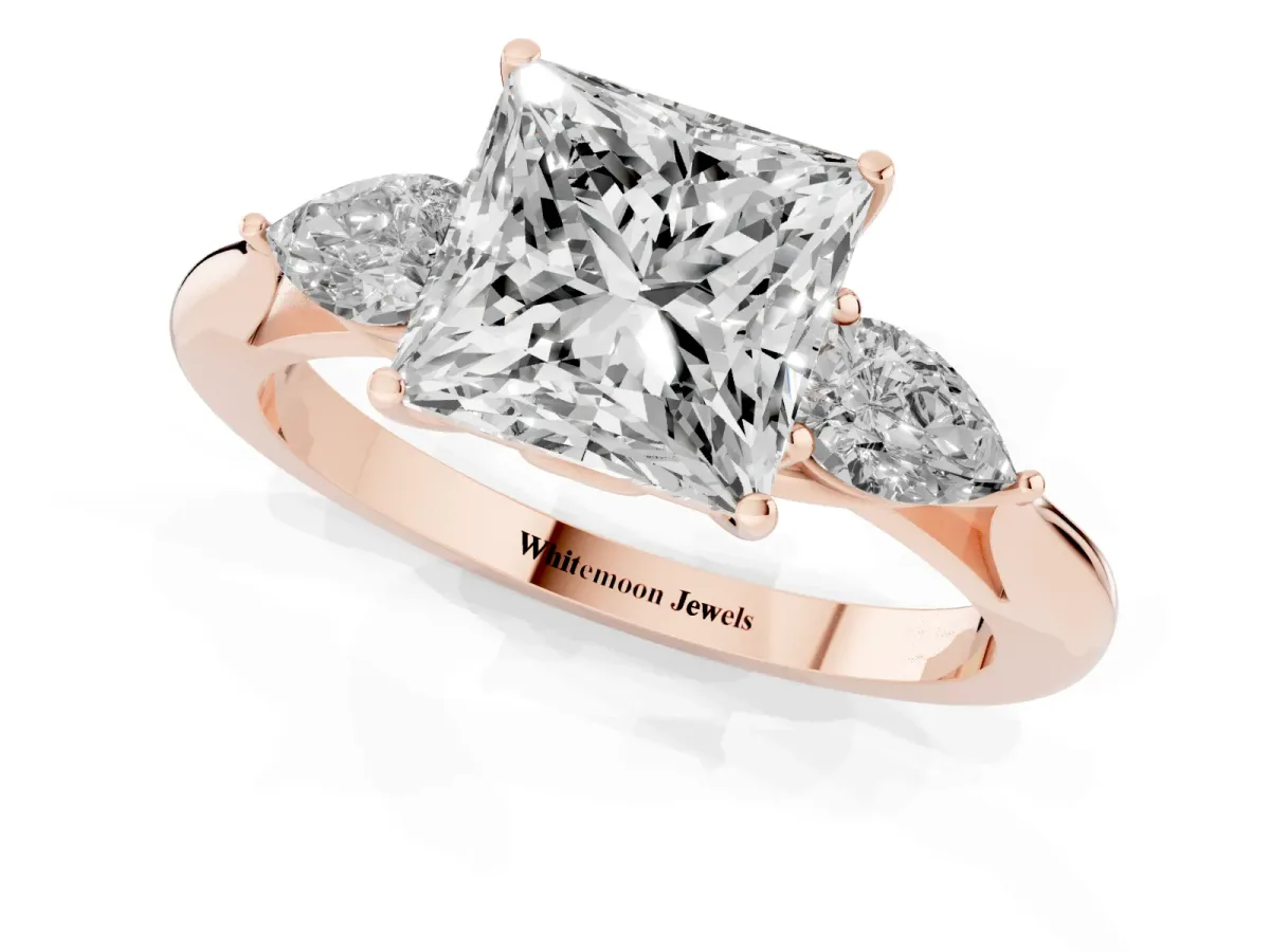 Princess Cut Diamond Three-Stone Ring with Pear Side Stones and Prong Setting Rose gold