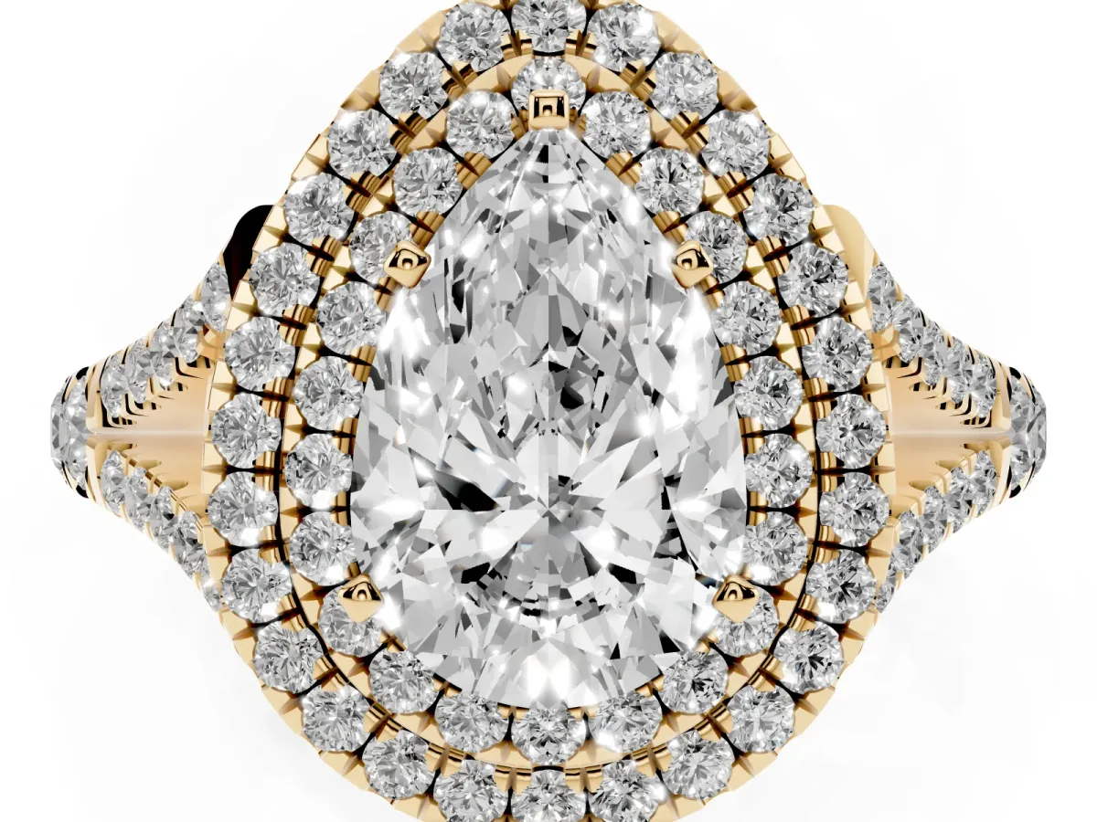 Pear Cut Diamond Double Halo Ring with Split Shank and Prong Setting Yellow gold