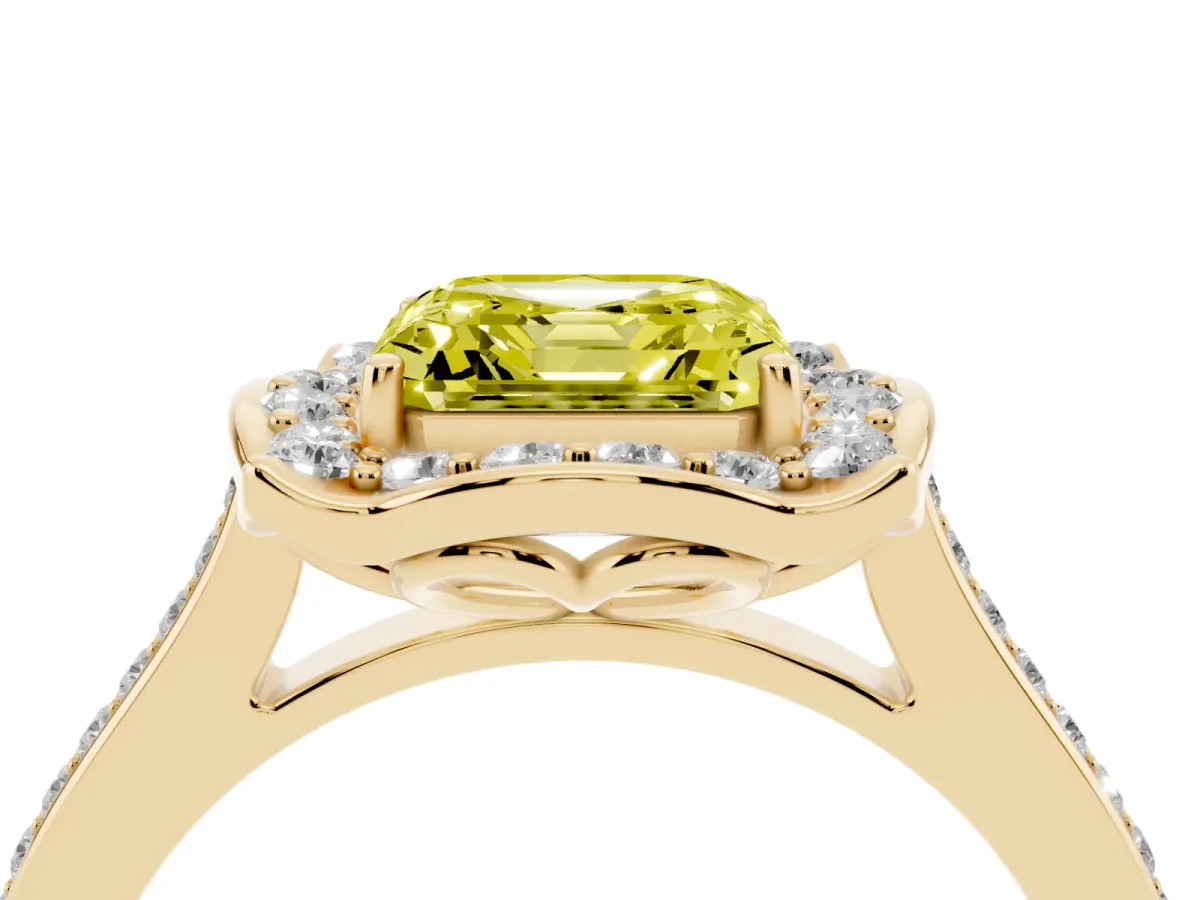 Fancy Yellow Asscher Cut Halo Round Diamond Pave Band with Four-Prong Setting Yellow gold