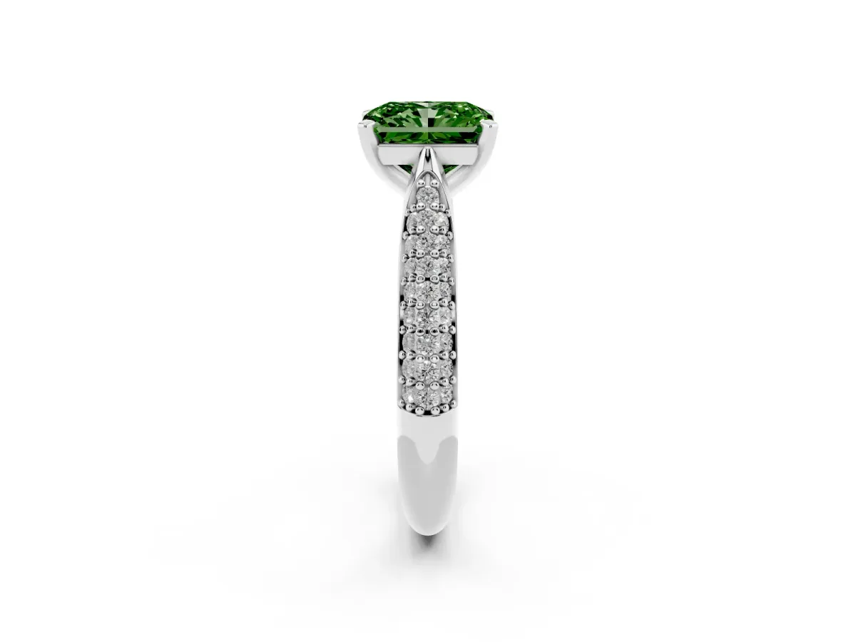 Fancy Green Radiant Cut Diamond Solitaire Engagement Ring with Multi-Row Round Pavé Band and Prong Setting White gold