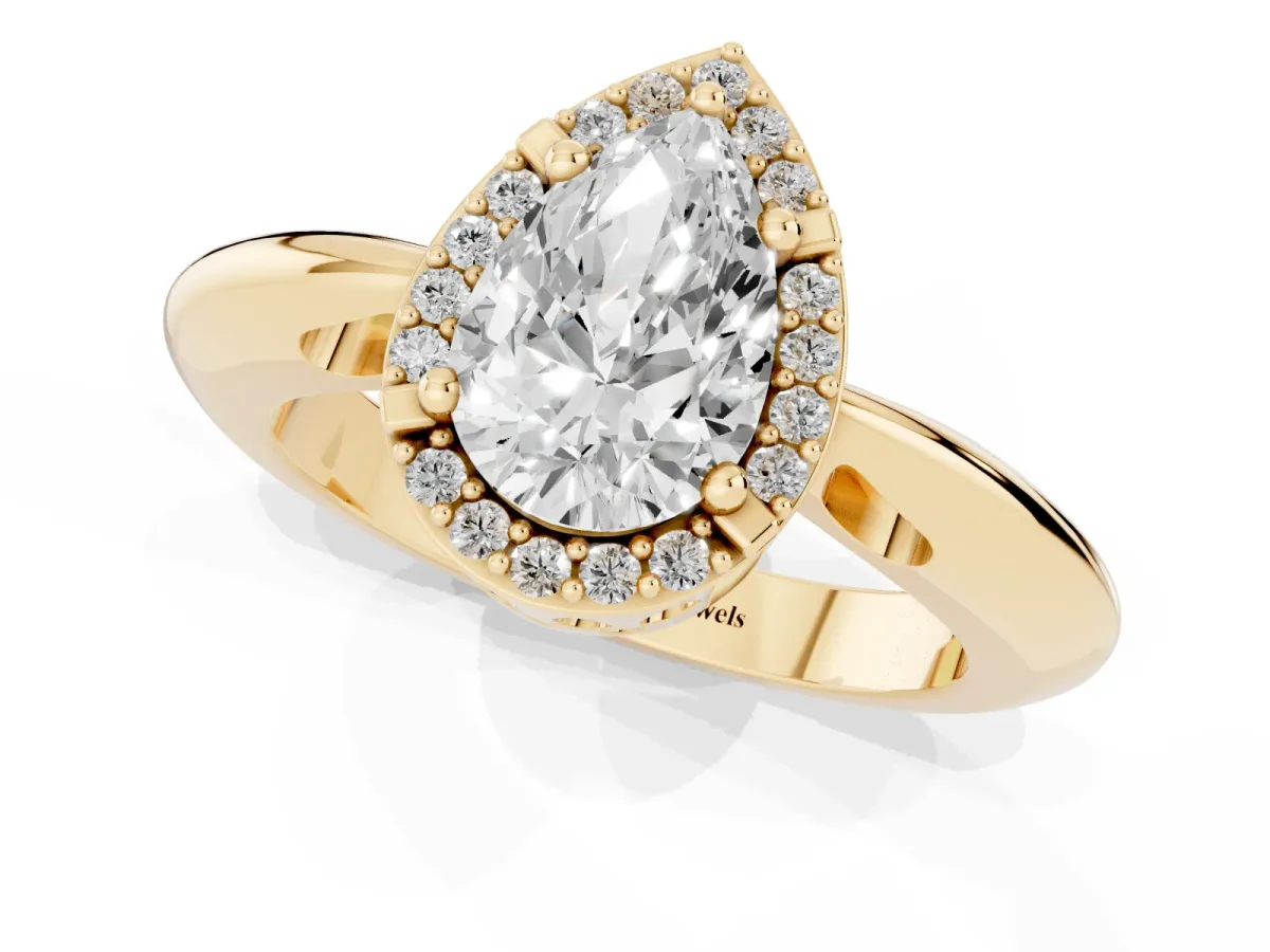 Pear Cut Cut Diamond Halo Engagement Ring with Split Shank and Four-Prong Setting Yellow gold