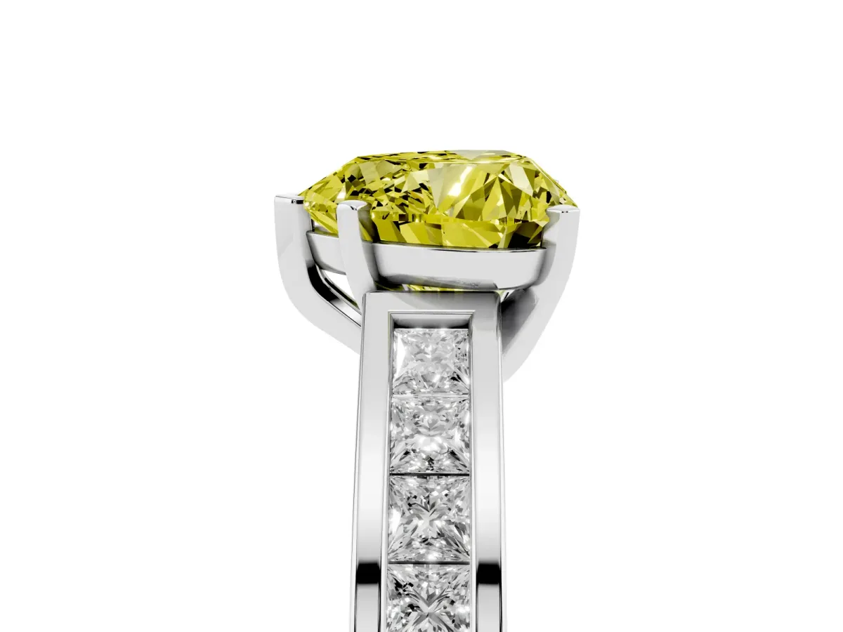 Fancy Yellow Heart Cut Solitaire Diamond Ring with Channel-Set Band and Four-Prong Setting Silver