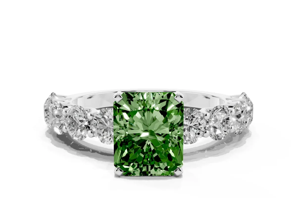 Fancy Green Radiant Cut Diamond Prong Setting with Side Stones on a Pave Band Platinum