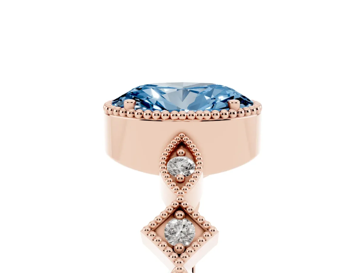 Fancy Blue Oval Cut Milgrain Marquise Diamond Twist Band Ring Rose gold