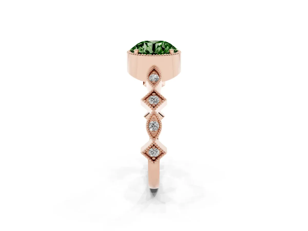 Fancy Green Round Cut Milgrain Marquise Diamond Twist Band Ring Rose gold