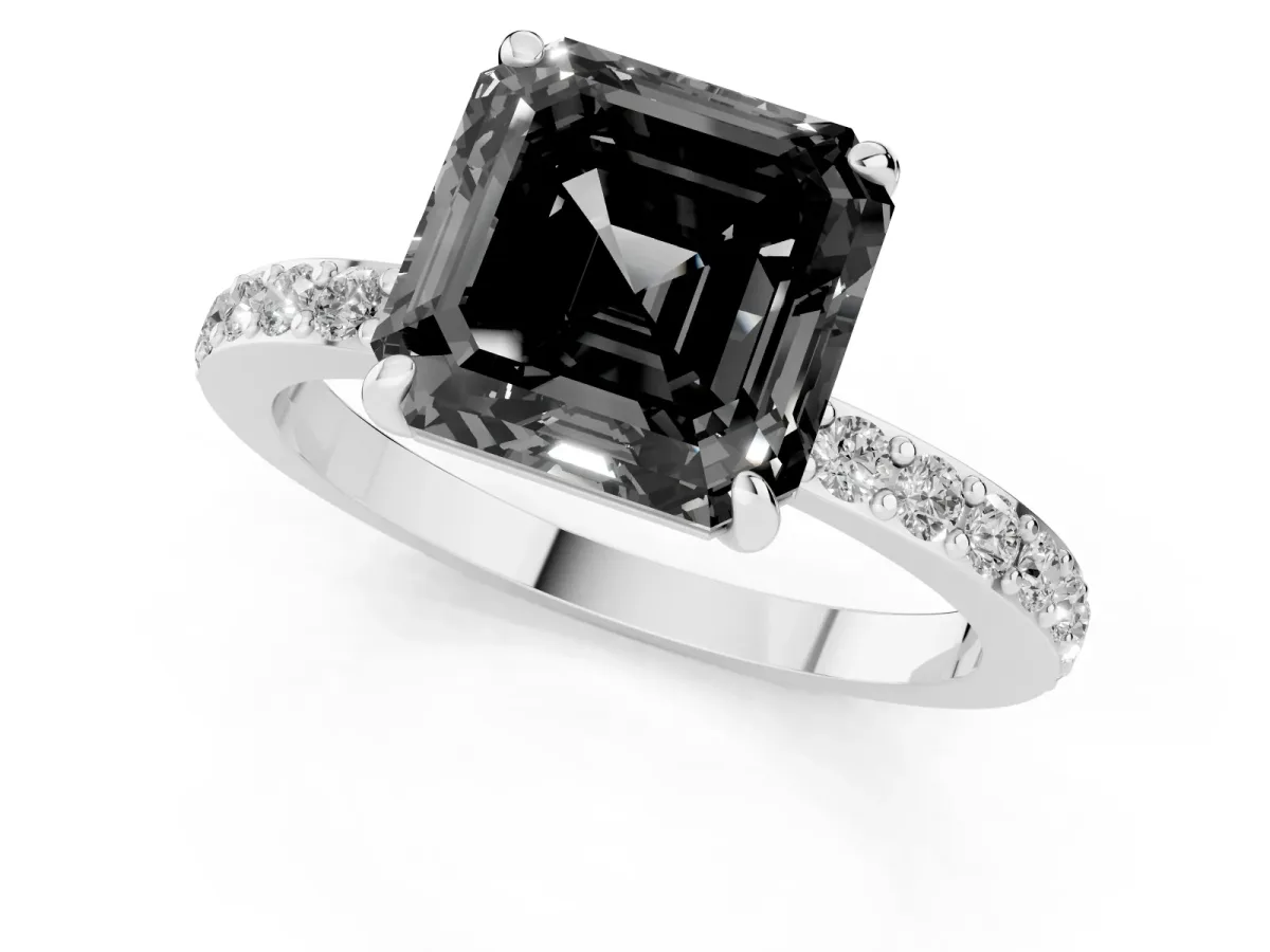 Fancy Black Asscher Cut Diamond Solitaire Engagement Ring with Pavé Band and Four-Prong Setting Platinum
