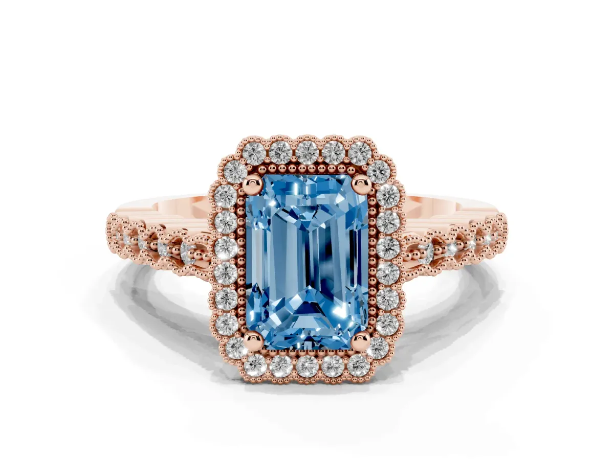 Fancy Blue Radiant Cut Cut Halo Pavé Solitaire Ring with Milgrain Band Rose gold