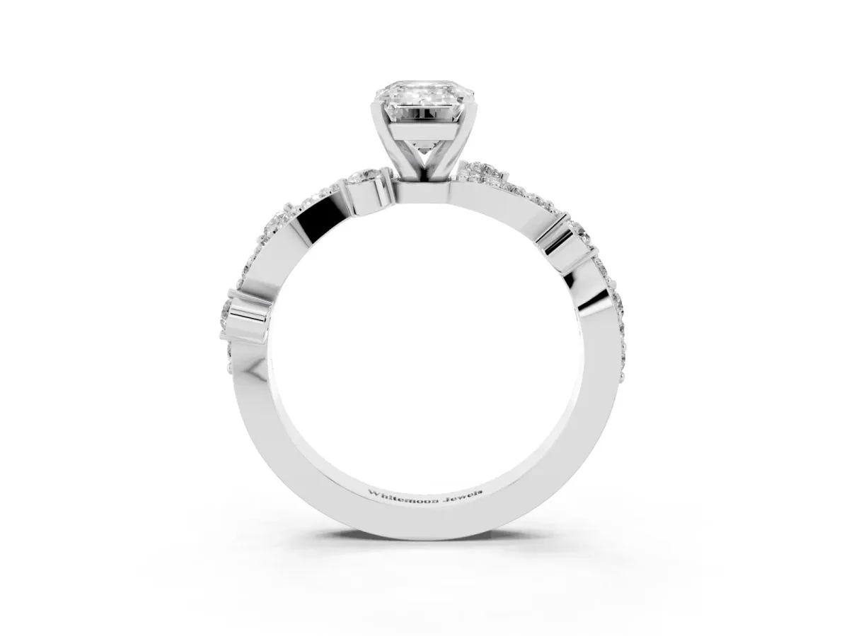 Emerald Cut Cut Solitaire Diamond Twisted Band with Pave Setting White gold