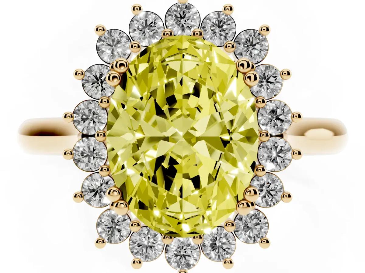 Fancy Yellow Oval Cut Cut Diamond Halo Ring with Solitaire Band and Prong Setting Yellow gold
