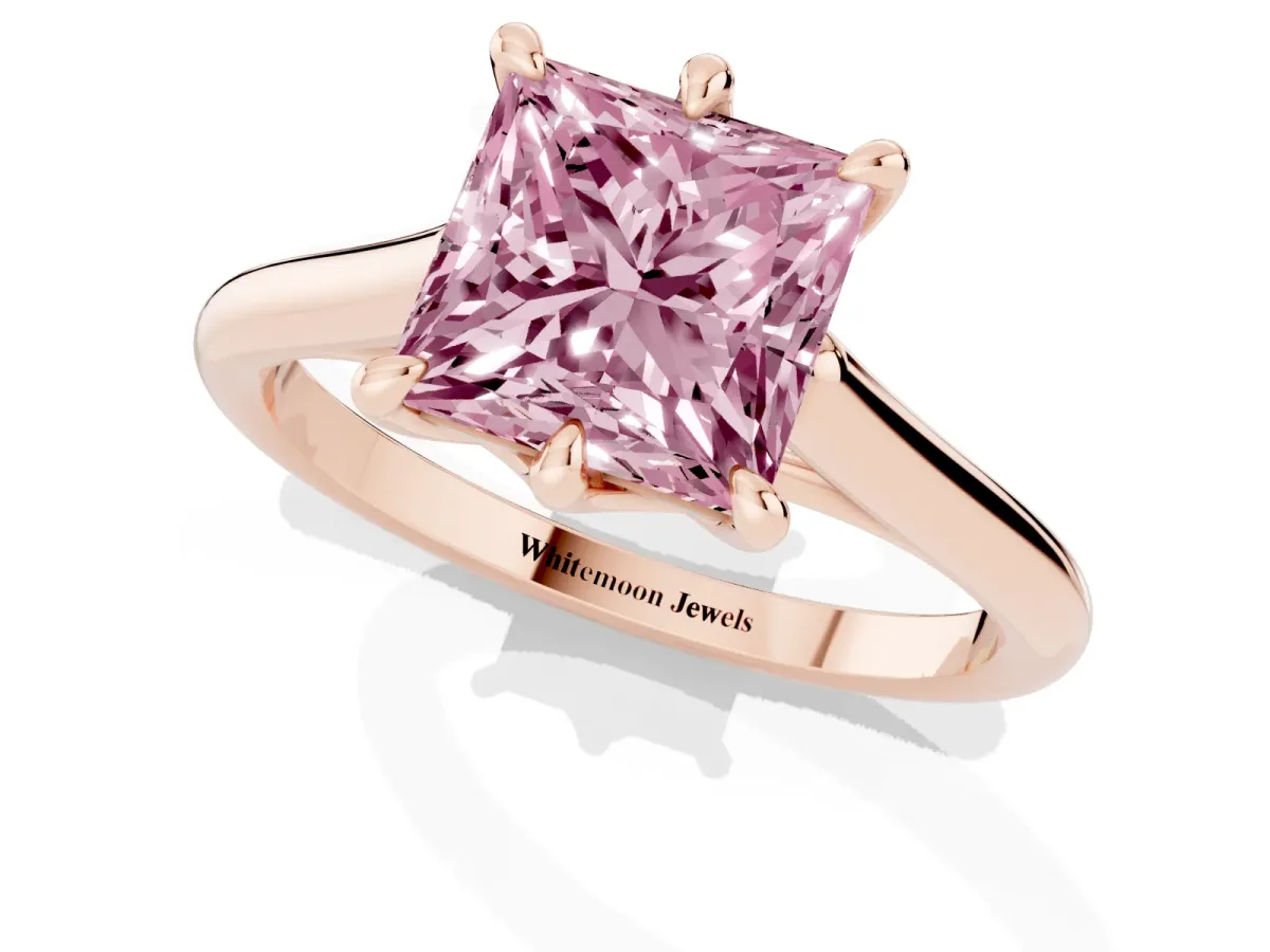 Fancy Pink Princess Cut Solitaire Engagement Ring with Six-Prong Setting and Classic Band Rose gold