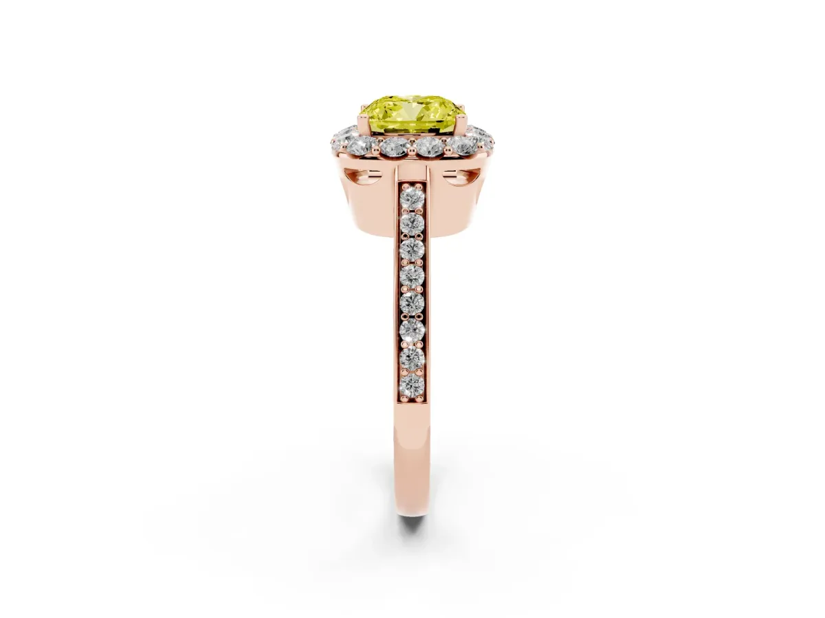Fancy Yellow Cushion Cut Diamond Floral Halo Ring with Pavé Band and Prong Setting Rose gold
