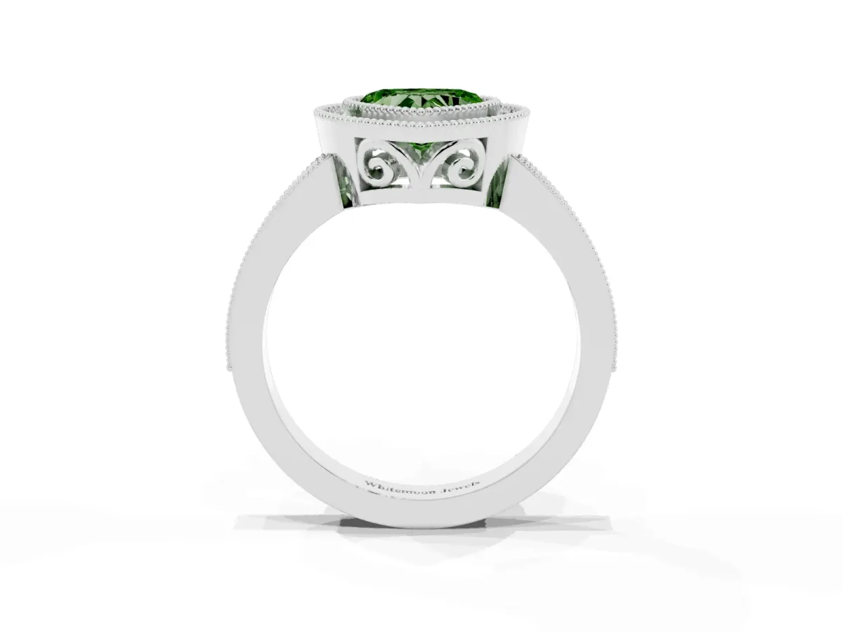 Fancy Green Heart Cut Cut Halo Diamond Ring with Pavé Band and Milgrain Prong Setting Silver
