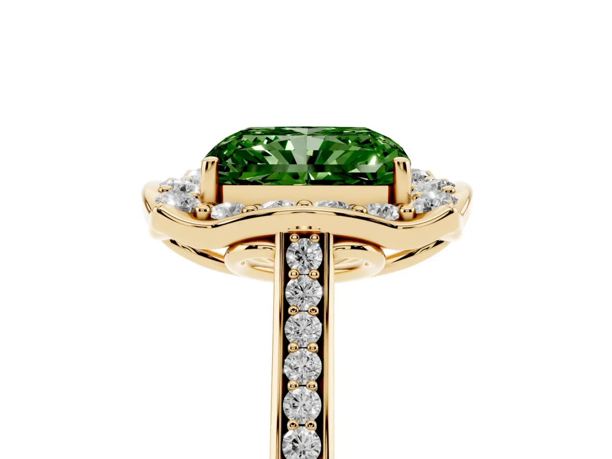 Fancy Green Radiant Cut Halo Round Diamond Pave Band with Four-Prong Setting Yellow gold