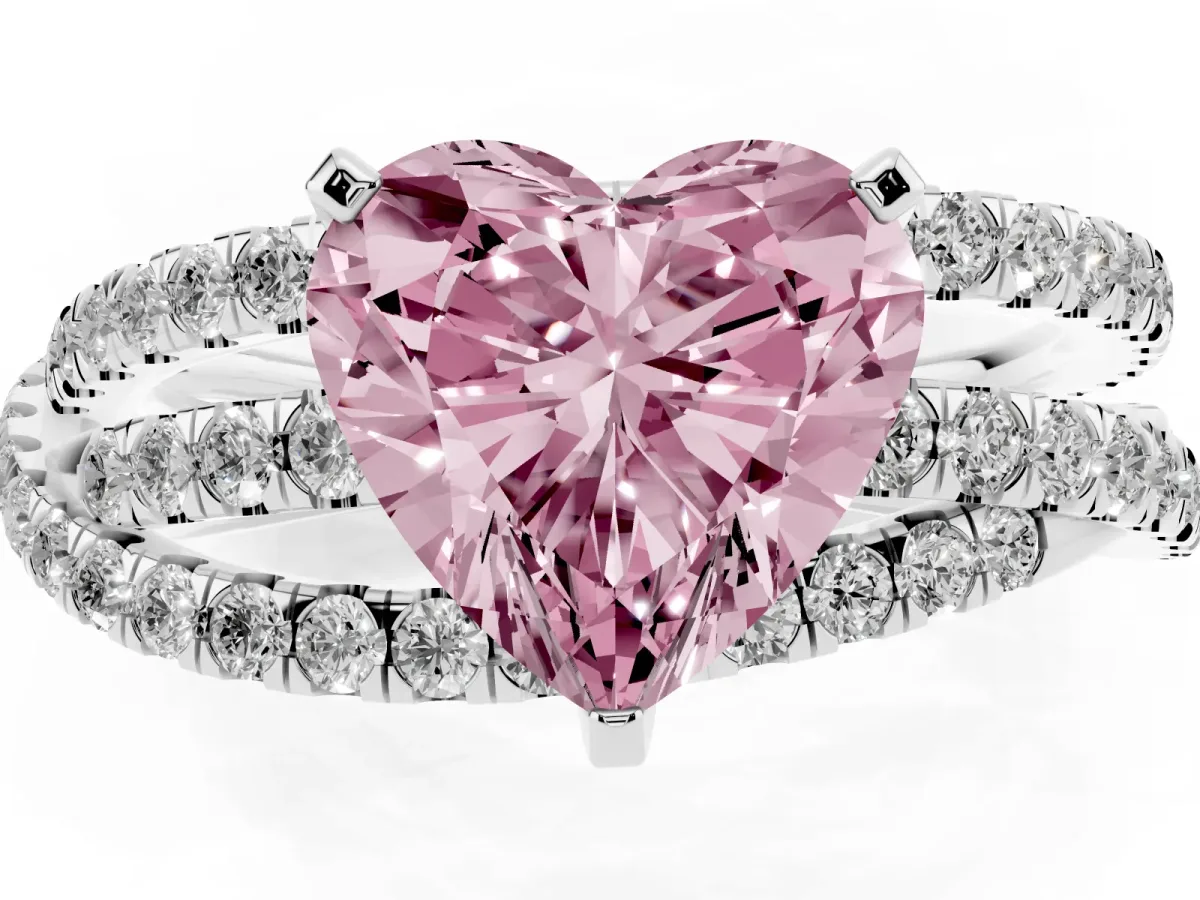 Fancy Pink Heart Cut Solitaire Twist Band with Pavé Setting and Four-Prong Setting Silver