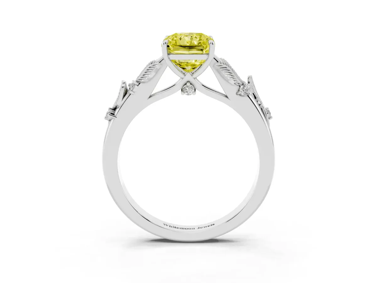 Fancy Yellow Radiant Cut Diamond Solitaire Ring with Leaf Motif Band and Four-Prong Setting Silver