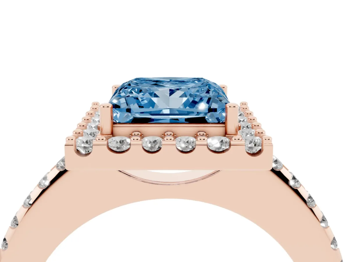 Fancy Blue Princess Cut Diamond Pavé Halo Ring with Four-Prong Setting Rose gold