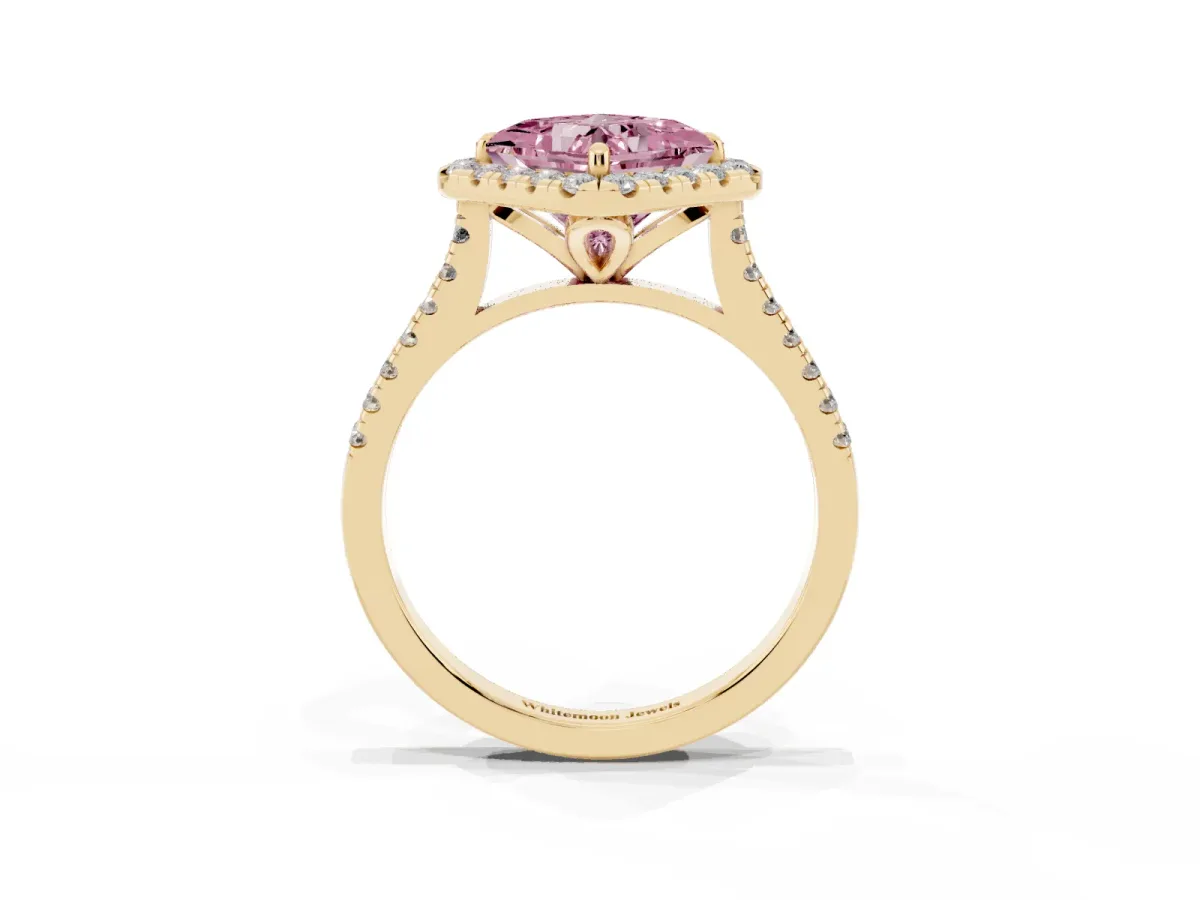 Fancy Pink Princess Cut Diamond Cushion Halo Ring with Pavé Band Yellow gold