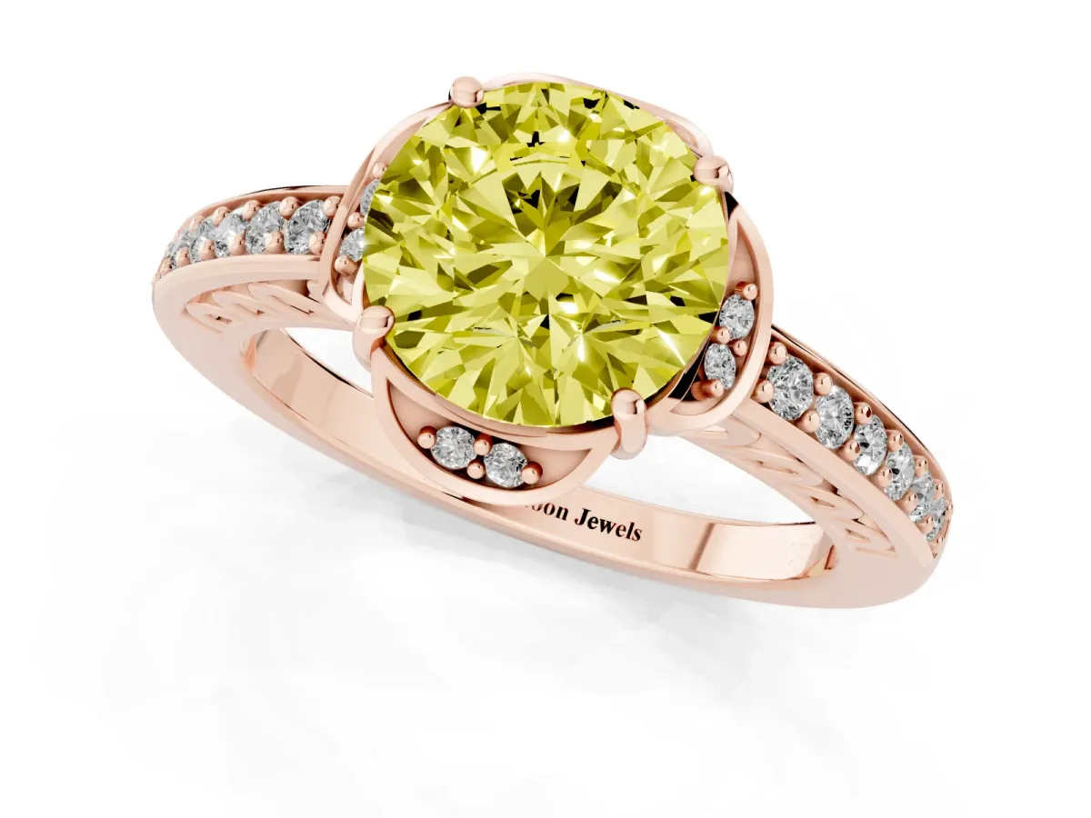 Fancy Yellow Round Cut Cut Halo Diamond Ring with Channel Set Band and Four-Prong Setting Rose gold