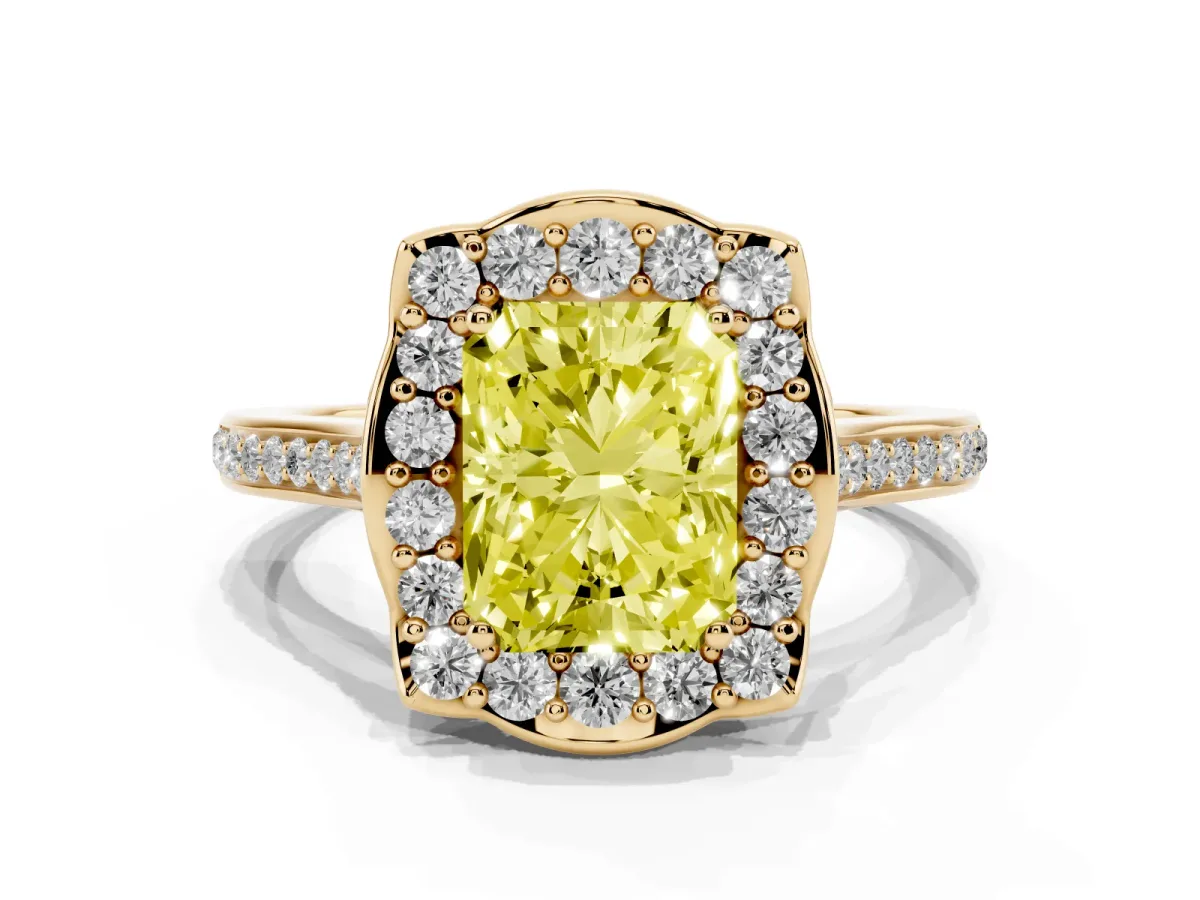 Fancy Yellow Radiant Cut Halo Round Diamond Pave Band with Four-Prong Setting Yellow gold