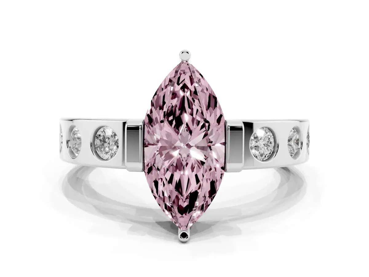 Fancy Pink Marquise Cut Brilliant Channel-Set Diamond Ring with Bezel Prong Setting Silver