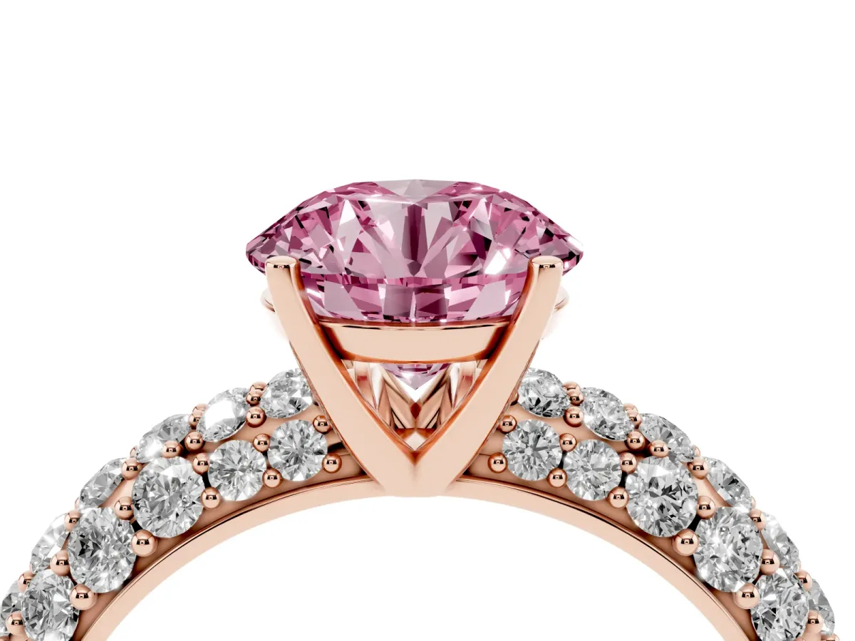 Fancy Pink Round Cut Diamond Pavé Band Solitaire Ring with Four-Prong Setting Rose gold