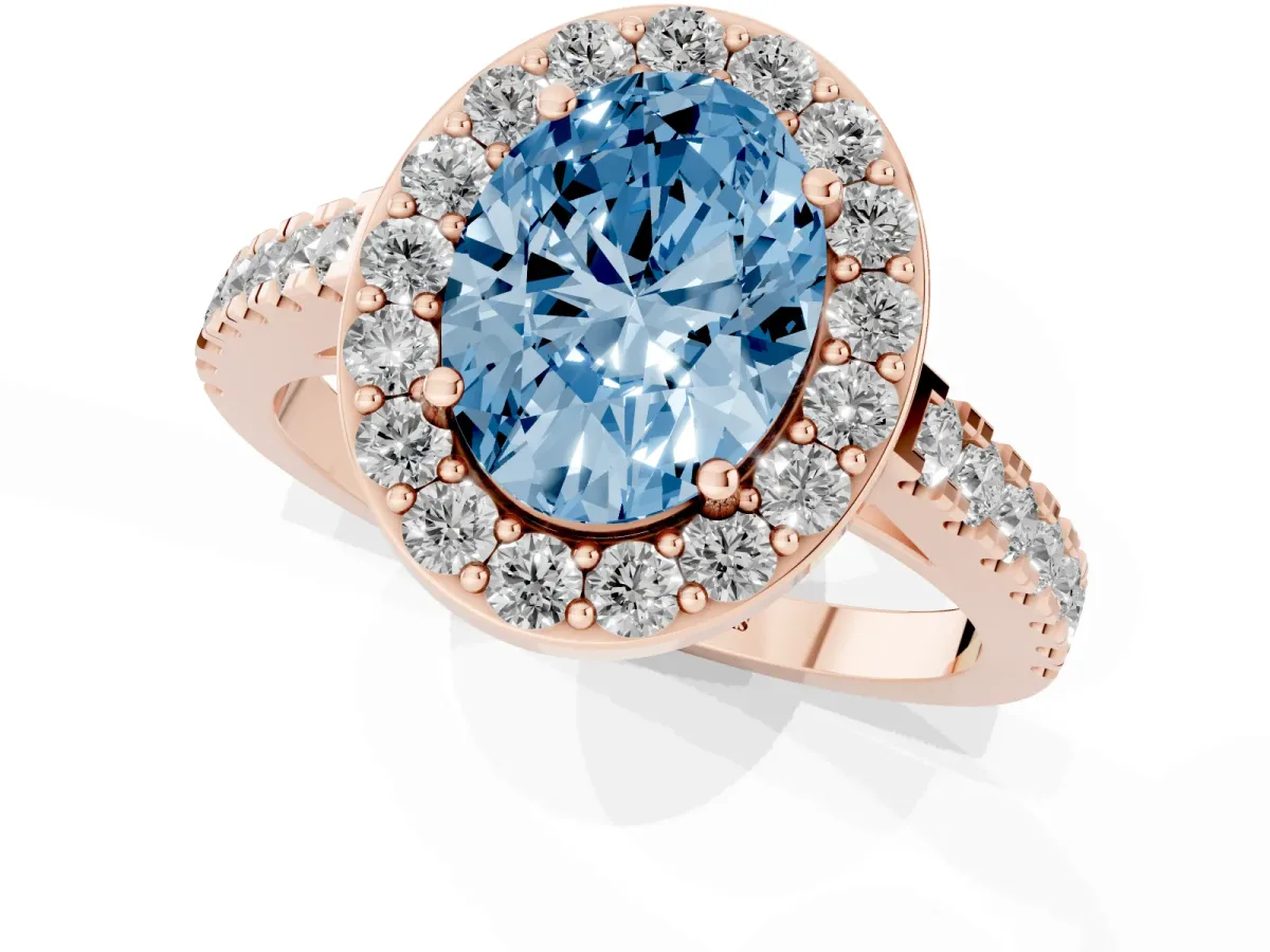 Fancy Blue Oval Cut Diamond Halo Ring with Round Pavé Split Shank and Prong Setting Rose gold