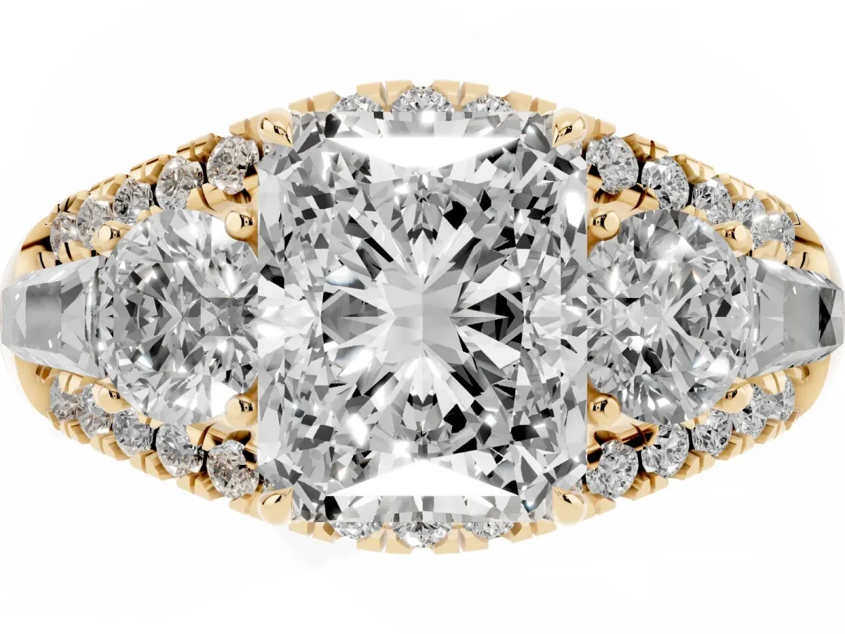 Three-Stone Radiant Cut Diamond Engagement Ring with Pave Band and Prong Setting Yellow gold