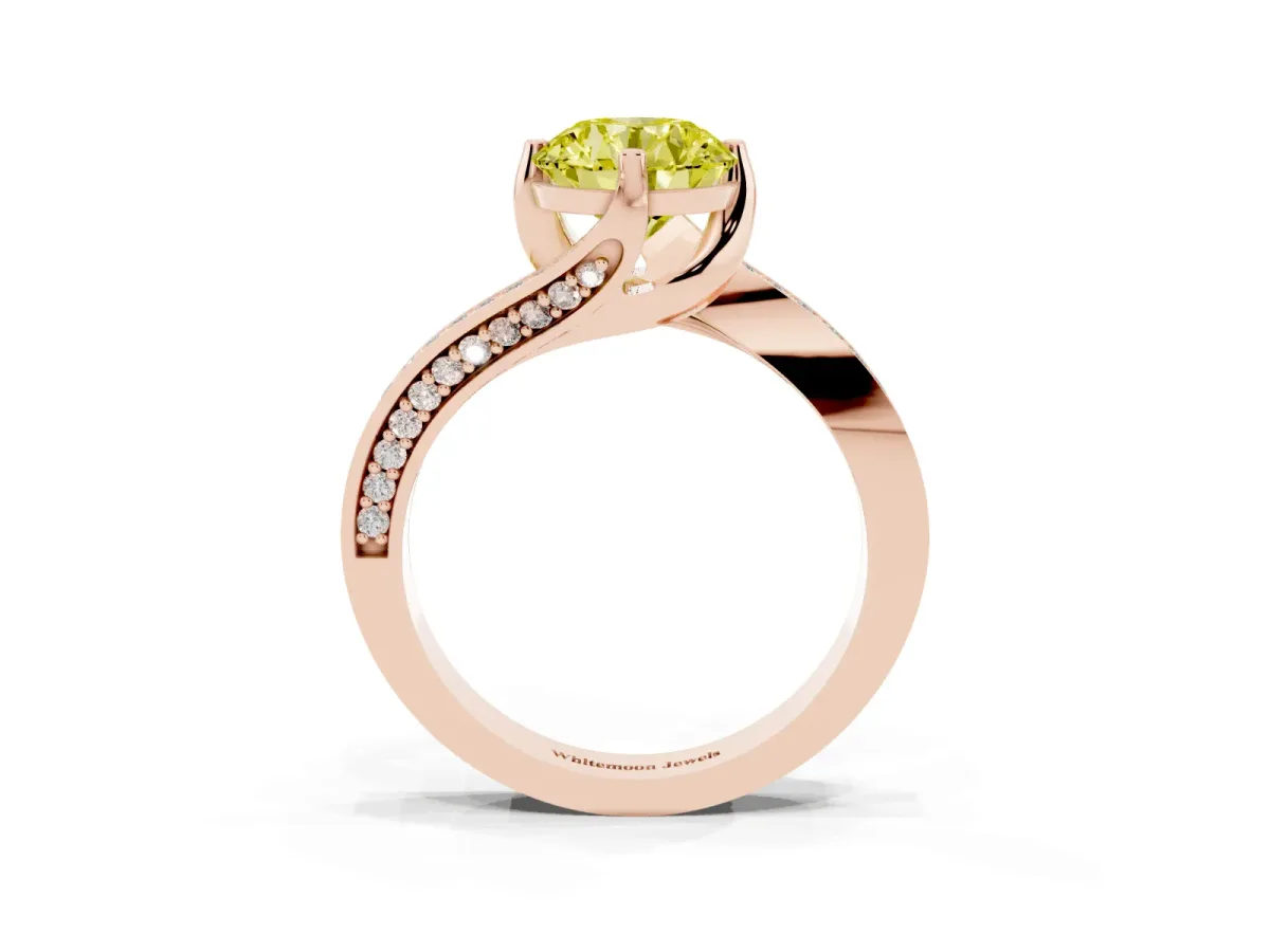 Fancy Yellow Round Cut Solitaire Diamond Twist Band with Pavé Setting and Four-Prong Setting Rose gold