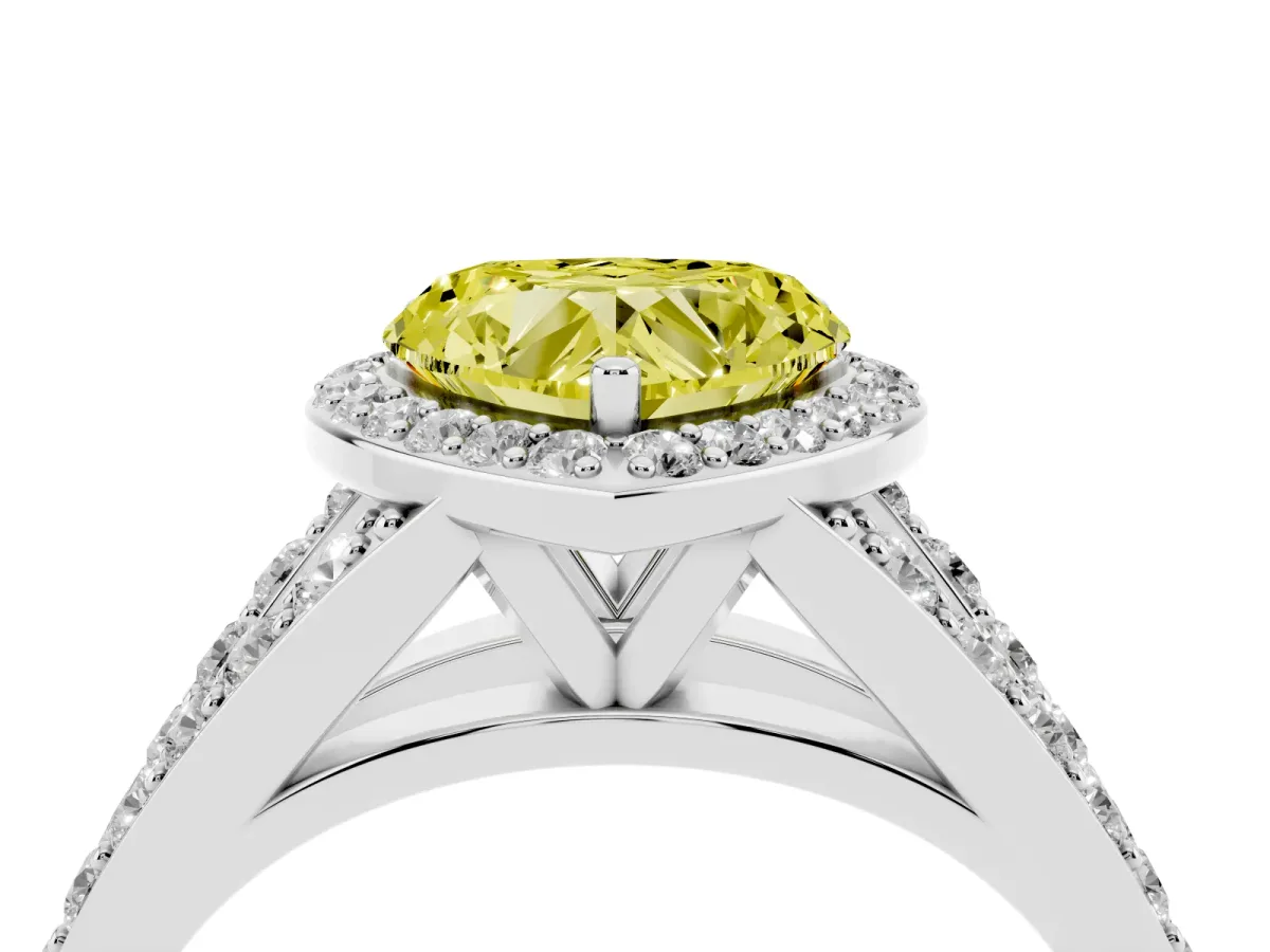 Fancy Yellow Heart Cut Diamond Split Shank Halo Ring with Four-Prong Setting Platinum