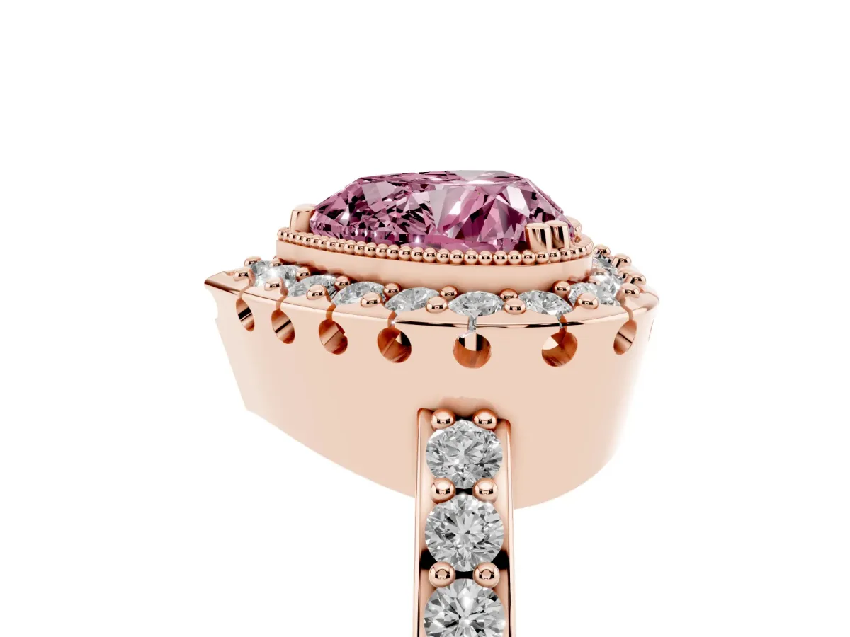 Fancy Pink Heart Cut Diamond Halo Ring with Pavé Band and Prong Setting Rose gold