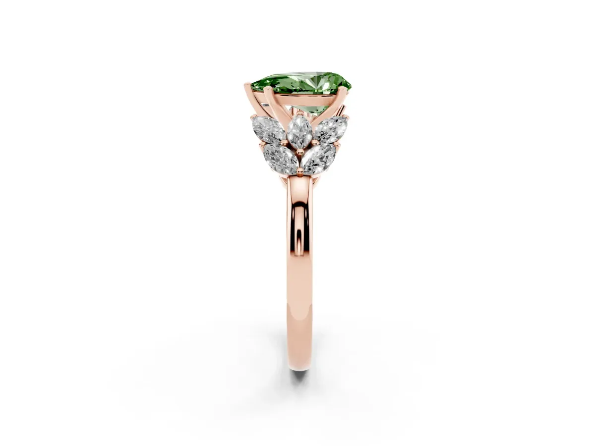Fancy Green Pear Cut Diamond Cluster Leaf Design Ring with Prong Setting Rose gold