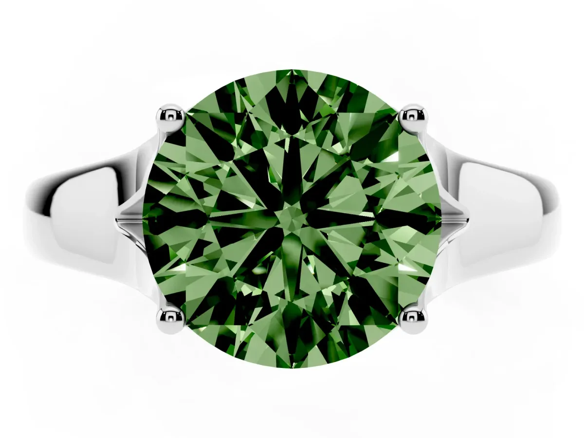 Fancy Green Round Cut Solitaire Diamond Ring with Cathedral Band and Four-Prong Setting Silver