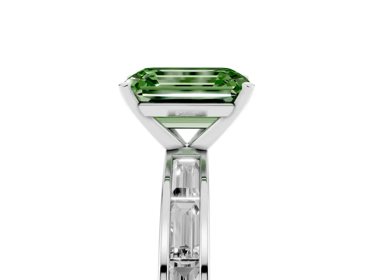 Fancy Green Emerald Cut Solitaire Diamond Ring with Channel-Set Baguette Band and Four-Prong Setting White gold