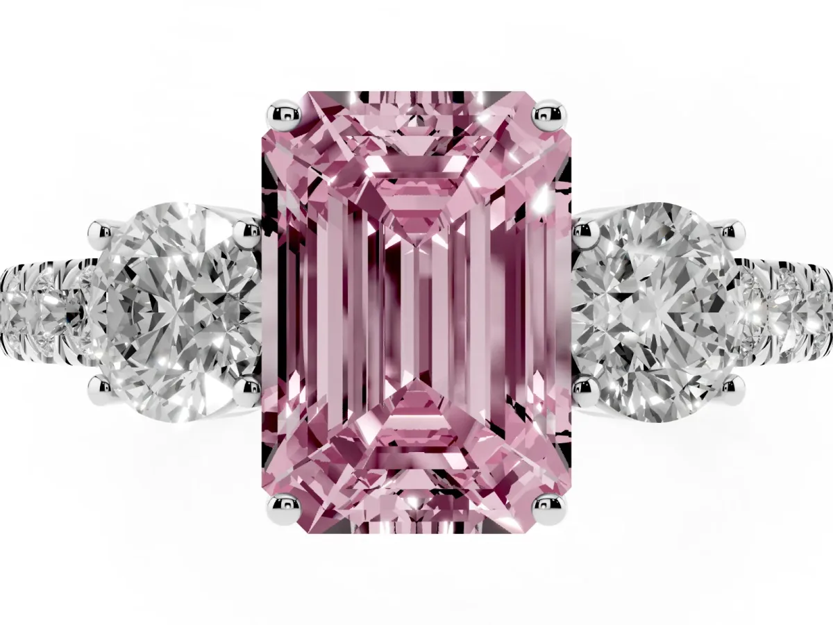 Fancy Pink Emerald Cut Cut Diamond Three-Stone Ring with Round Side Stones and Pavé Band Silver
