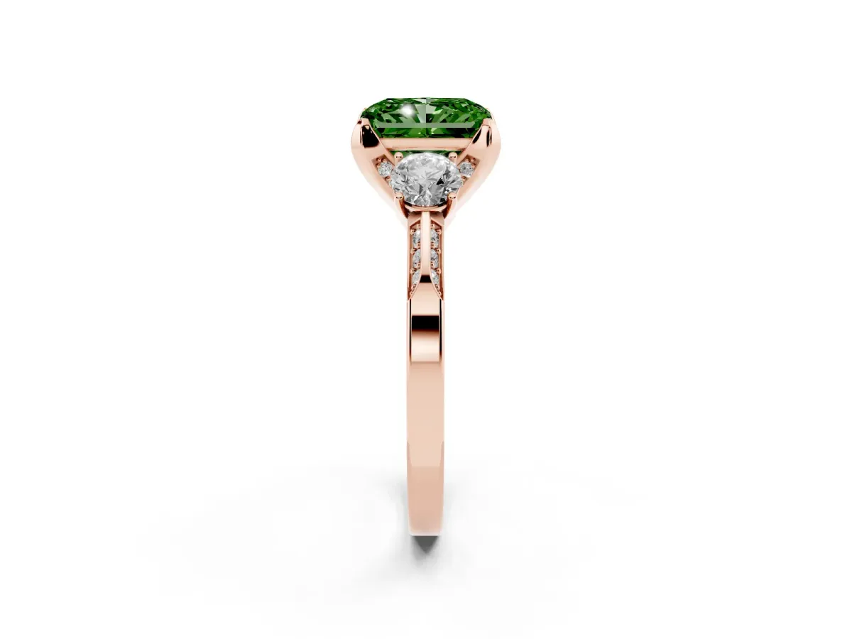 Fancy Green Radiant Cut Brilliant Three-Stone Diamond Ring with Pavé Band and Four-Prong Setting Rose gold
