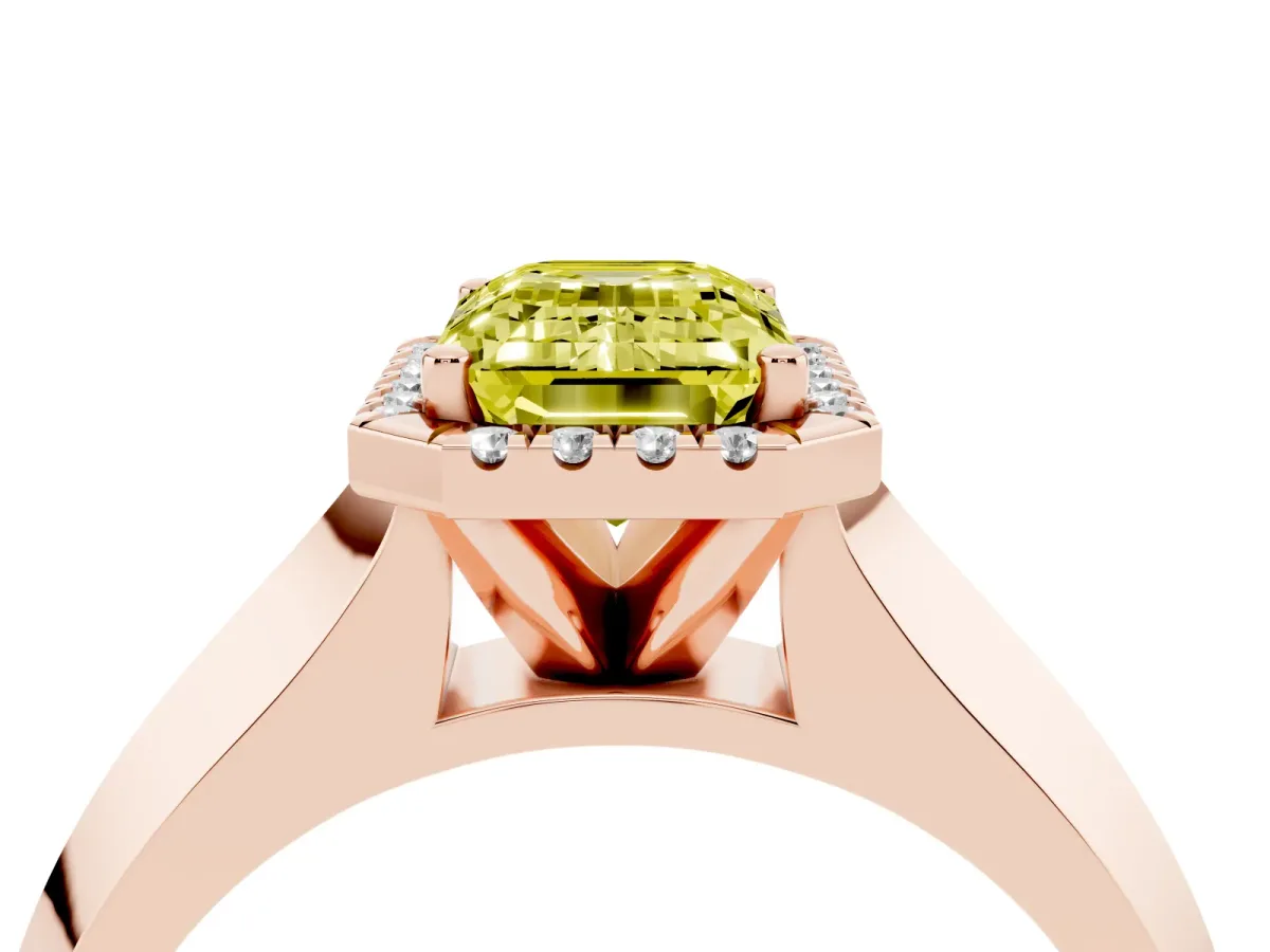 Fancy Yellow Emerald Cut Halo Diamond Ring with Cathedral Band and Four-Prong Setting Rose gold