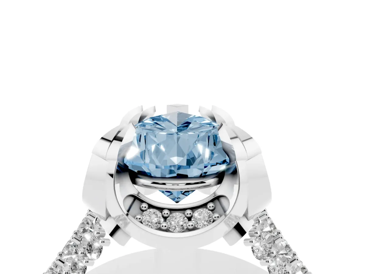 Fancy Blue Pear Cut Solitaire Pave Split Shank Ring with Four-Prong Setting White gold