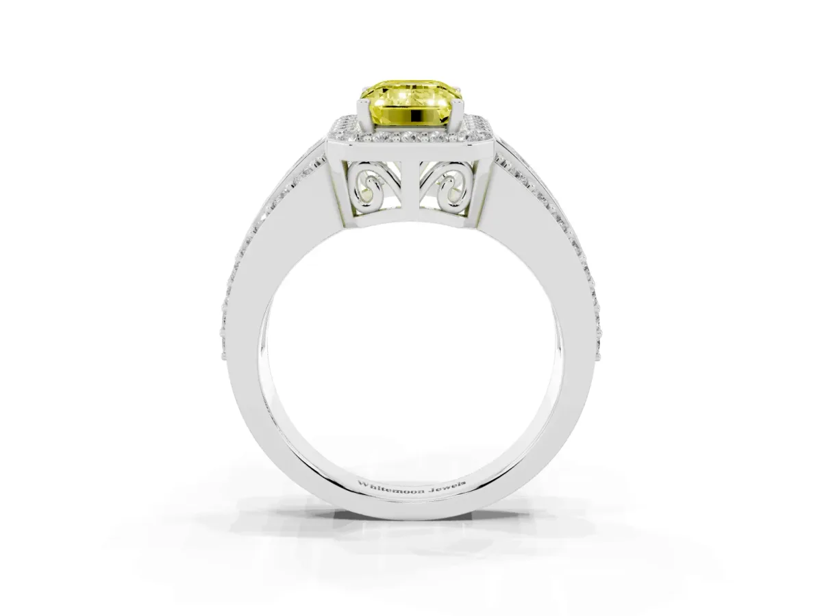 Fancy Yellow Emerald Cut Halo Diamond Ring with Round Split Shank and Prong Setting Silver