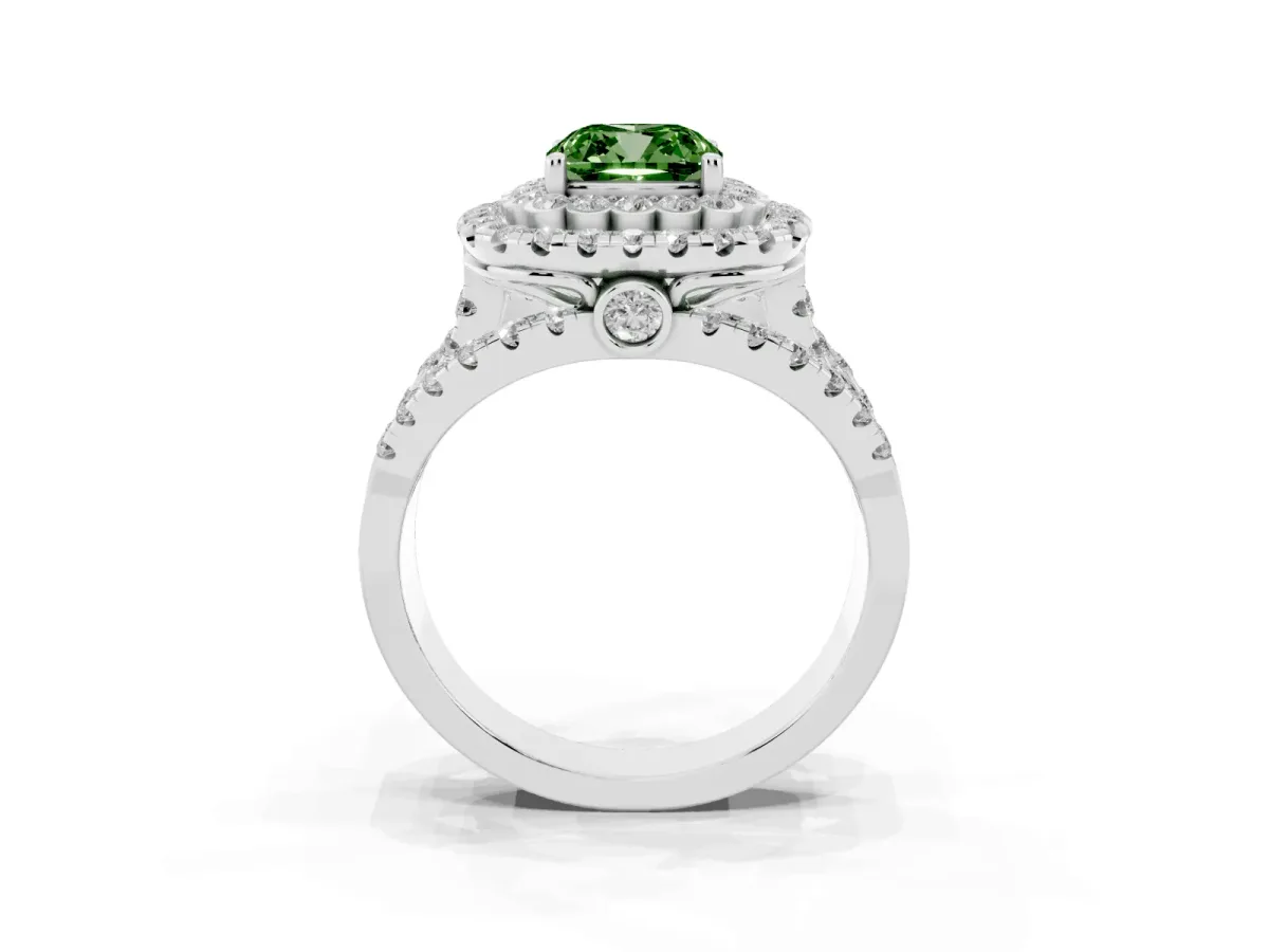 Fancy Green Cushion Cut Diamond Double Halo Ring with Round Pavé Split Shank and Prong Setting Silver