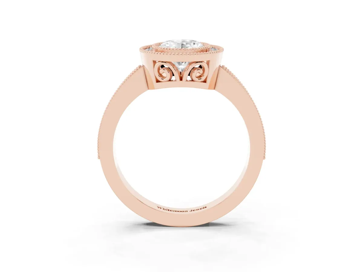 Oval Cut Cut Halo Diamond Ring with Pavé Band and Milgrain Prong Setting Rose gold