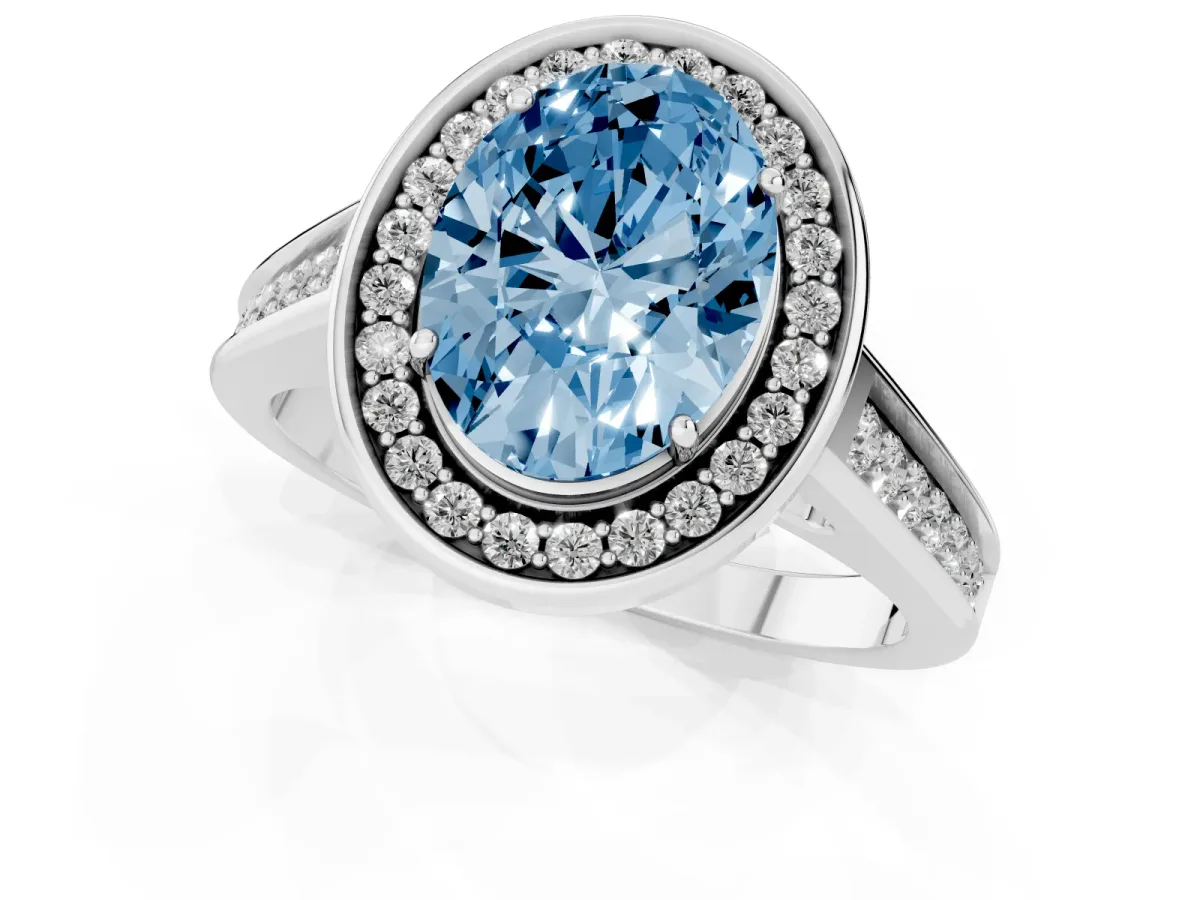 Fancy Blue Oval Cut Halo Solitaire Diamond Ring with Pave Band and Bezel Setting Silver