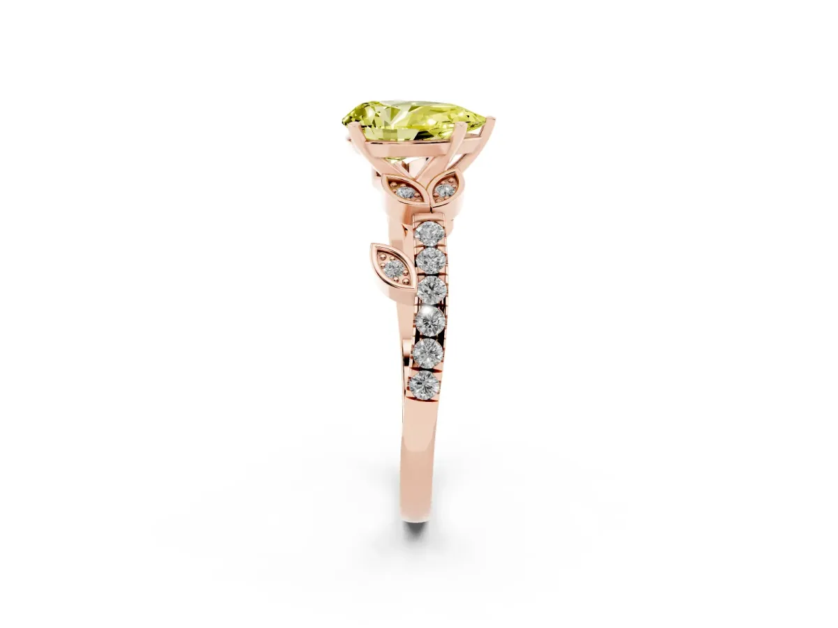 Fancy Yellow Pear Cut Solitaire Leaf-Inspired Diamond Ring with Pavé Band and Four-Prong Setting Rose gold