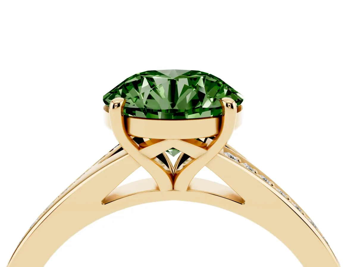 Fancy Green Round Cut Diamond Solitaire Ring with Pavé Band and Prong Setting Yellow gold
