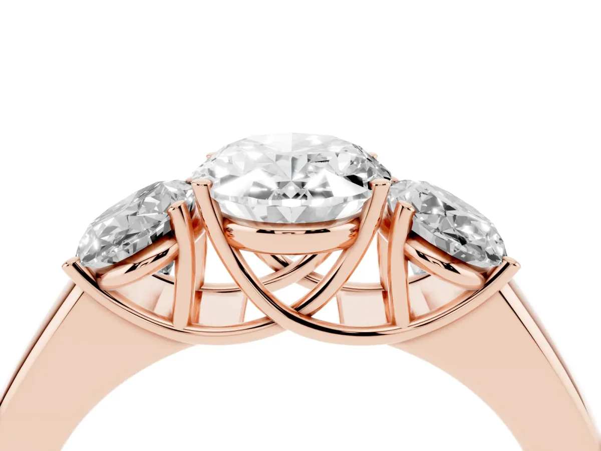 Three-Stone Oval Cut Cut Diamond Ring with Prong Setting and Classic Band Rose gold